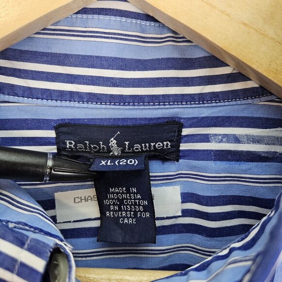 Ralph Lauren Navy Blue Button-Down Shirt Teen Size XL Striped Oxford Long Sleeve - Picture 4 of 10